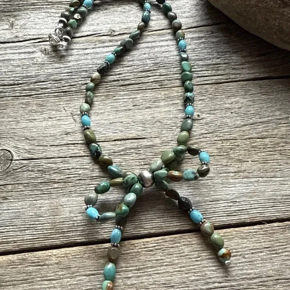 Bow Blue Green Turquoise Sterling Silver Pearls Bead Necklace. 18 Inch. Gift